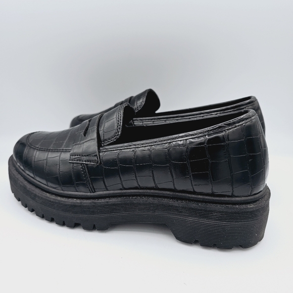 Lulus Maysie Black Crocodile Embossed Flatform Loafers Chunky Academia - Picture 8 of 12